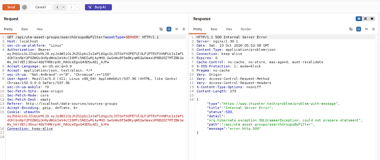 SQL error response showing SQLGrammarException
